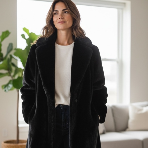 London Fog Black Faux‎ Fur Vintage Shawl Collar Coat Sz 16